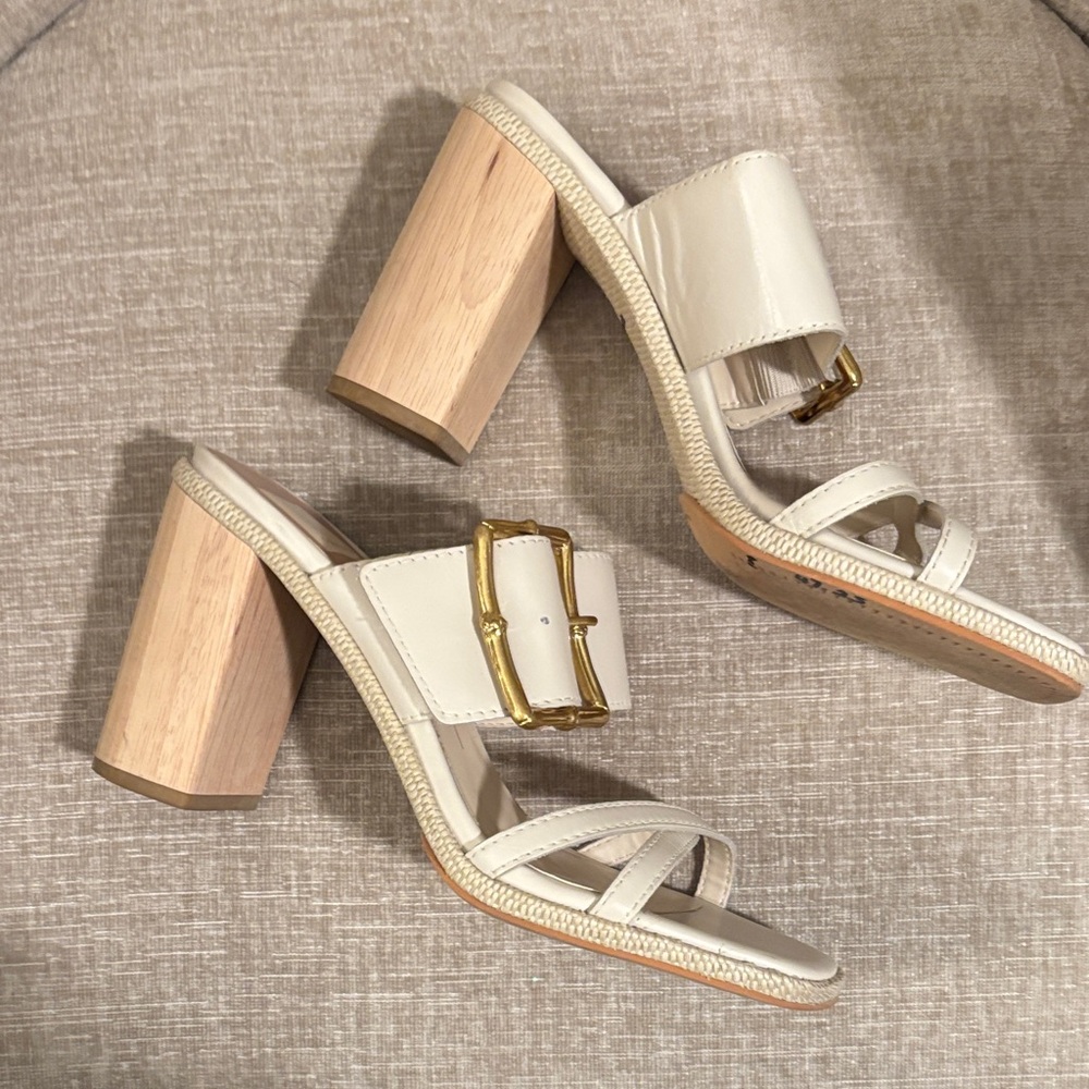 Vince Camuto Cream Block Heel Sandals with Gold Buckle - Picture 5 of 5
